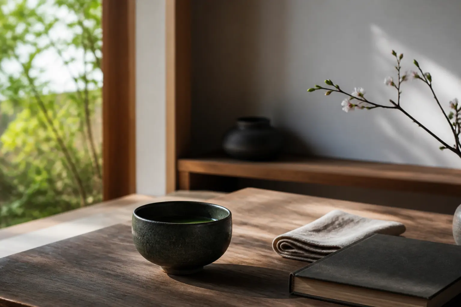 窓辺で楽しむ穏やかな抹茶の時間