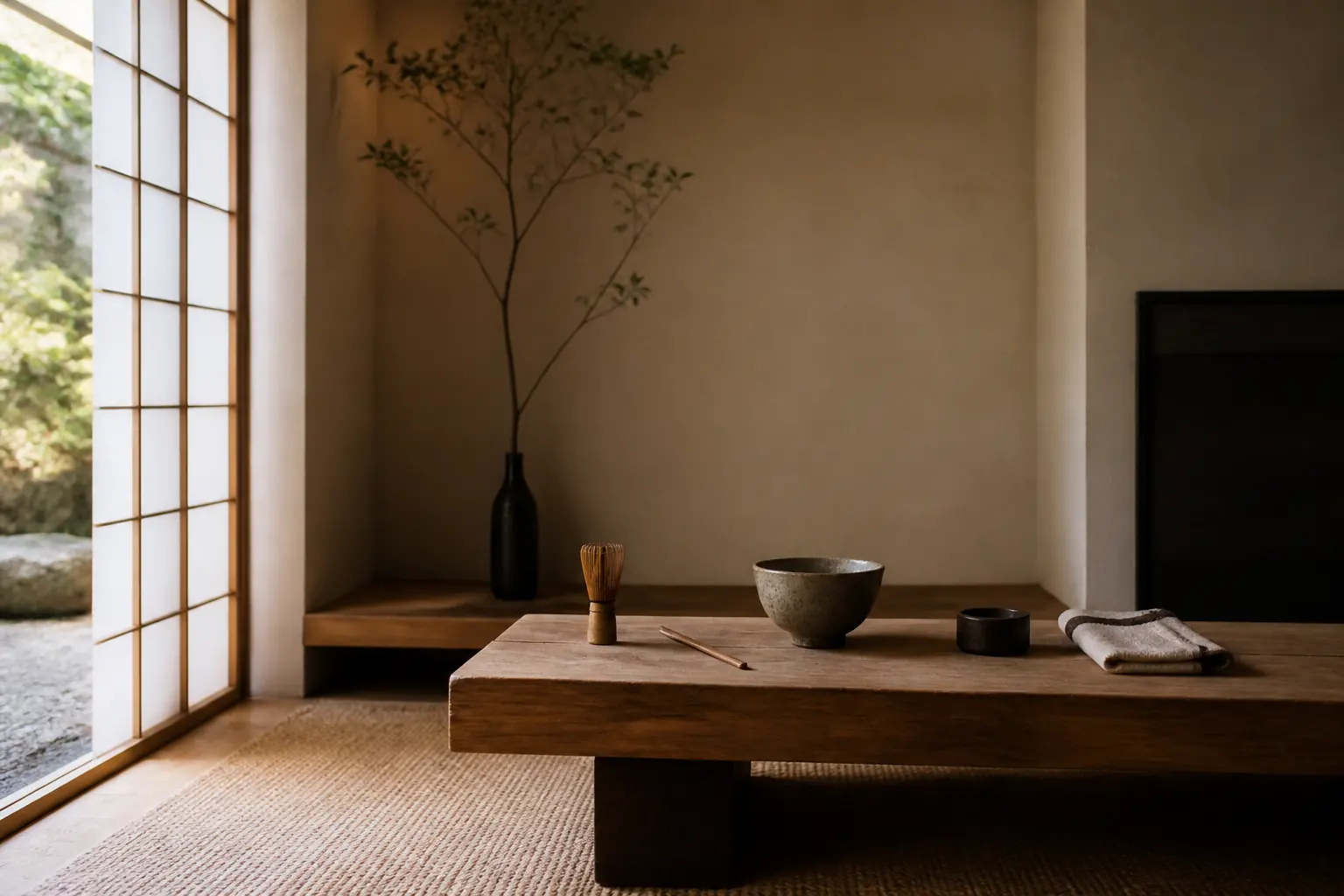 木と和紙に囲まれた静かな茶の空間
