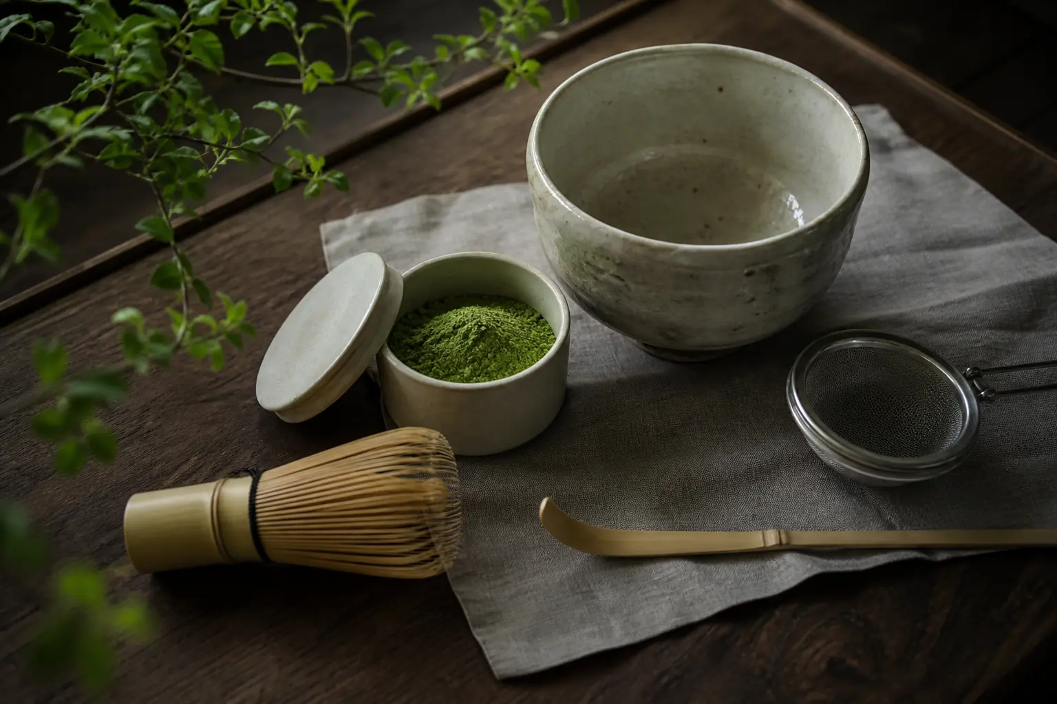 抹茶と茶碗、茶筅、茶杓